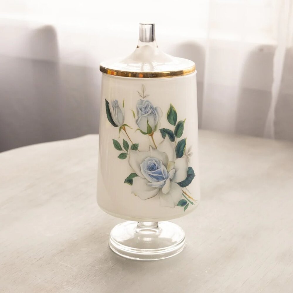 Vintage White Footed Lidded Glass Jar with Blue Floral Details